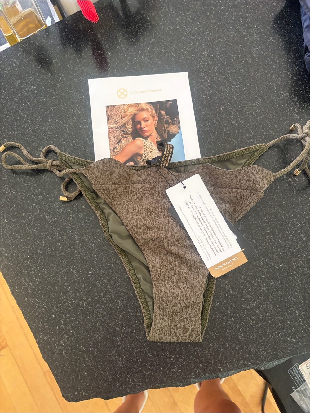 Vix Olive Green Textured Tie-Side Bikini Bottom